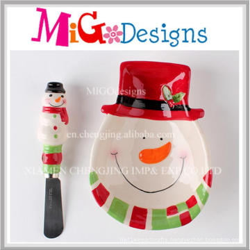 Custom Handmade Christmas Gift Ceramic Snowman Snake Plate and Spreader Set